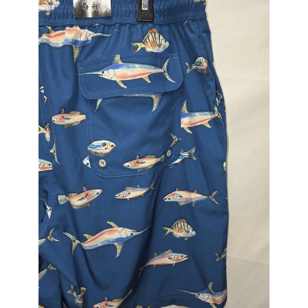 Mens Ocean Coast Lined Swim Shorts Blue Rainbow Fish New Sz XL Coastal Beach